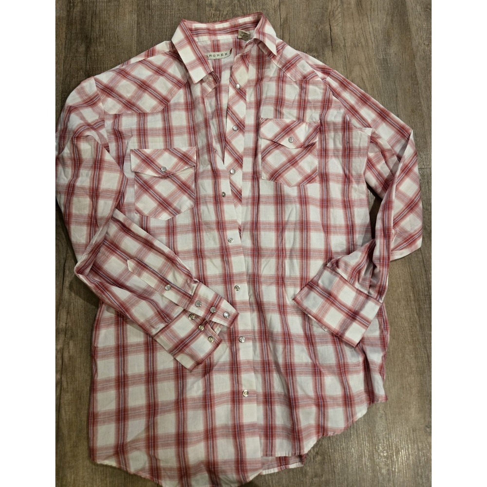 Roper Western Cowboy Snap Button Long sleeve‎ Shirt Red Plaid Embroidered  LT